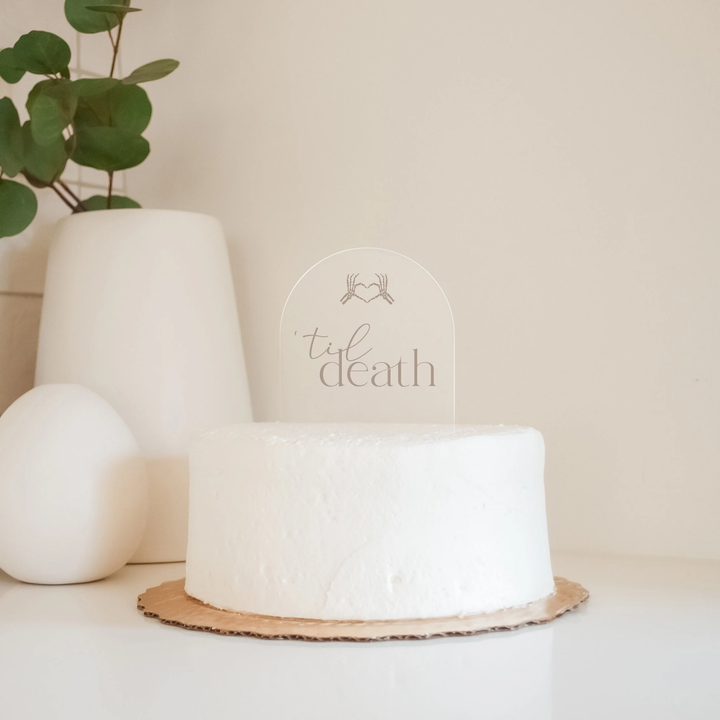 Acrylic "'Til Death" Wedding Cake Topper | Clear Arch | 4 1/2”H x 4”W - 5 1/2"H w/ Cake Picks | Skeleton Heart Hands | Modern