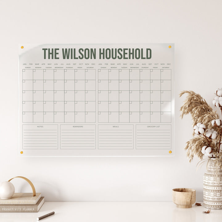 Personalized Acrylic DOUBLE MONTH Calendar | w/ Color Options | Perpetual Calendar | Notes, Reminders, Meals & Grocery List | Dry-Erase