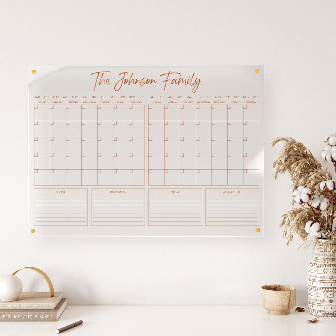 Personalized Acrylic DOUBLE MONTH Calendar | w/ Color Options | Perpetual Calendar | Notes, Reminders, Meals & Grocery List | Dry-Erase