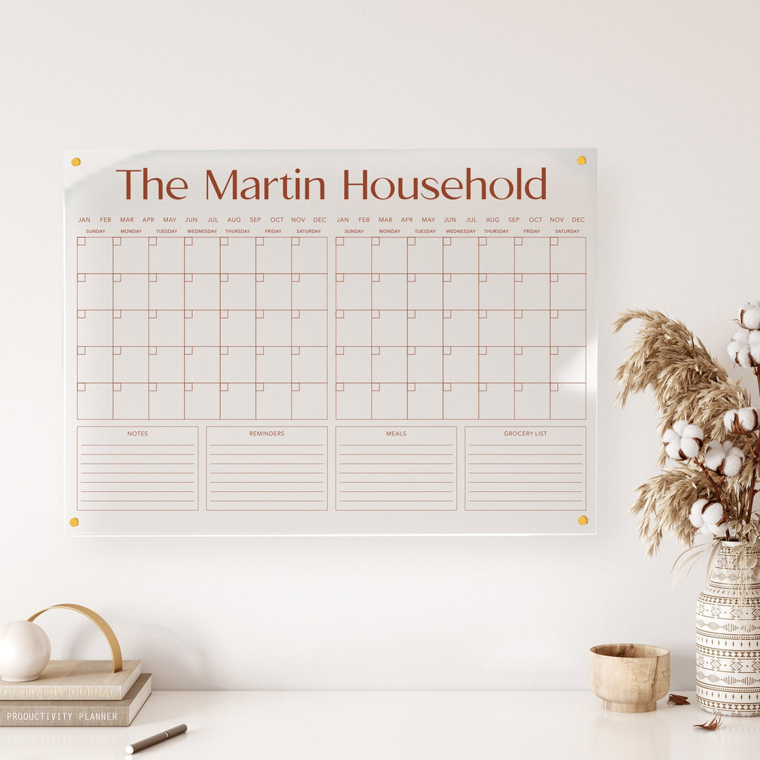 Personalized Acrylic DOUBLE MONTH Calendar | w/ Color Options | Perpetual Calendar | Notes, Reminders, Meals & Grocery List | Dry-Erase