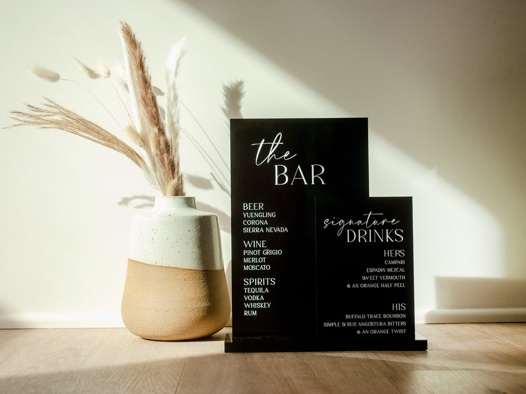 Personalized 2-Layer Black Acrylic Bar Sign | Wedding | Modern and Sleek | His and Hers Drinks | Cocktail Sign