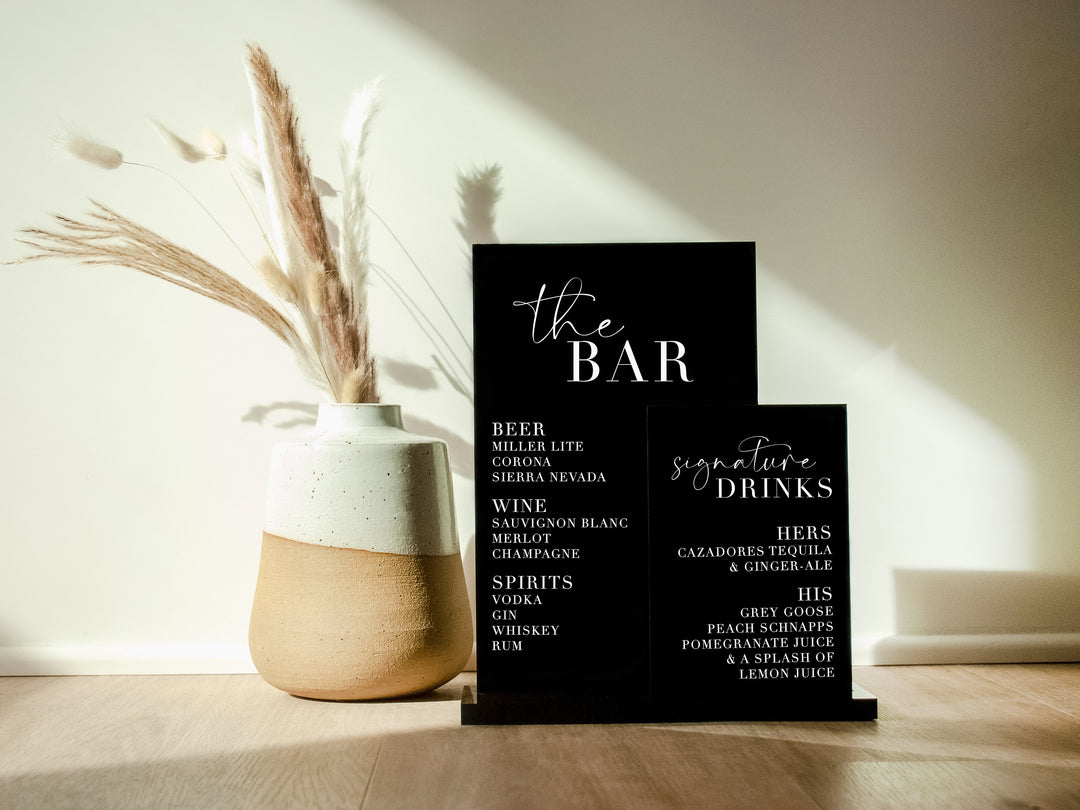 Personalized 2-Layer Black Acrylic Bar Sign | Wedding | Modern and Sleek | His and Hers Drinks | Cocktail Sign