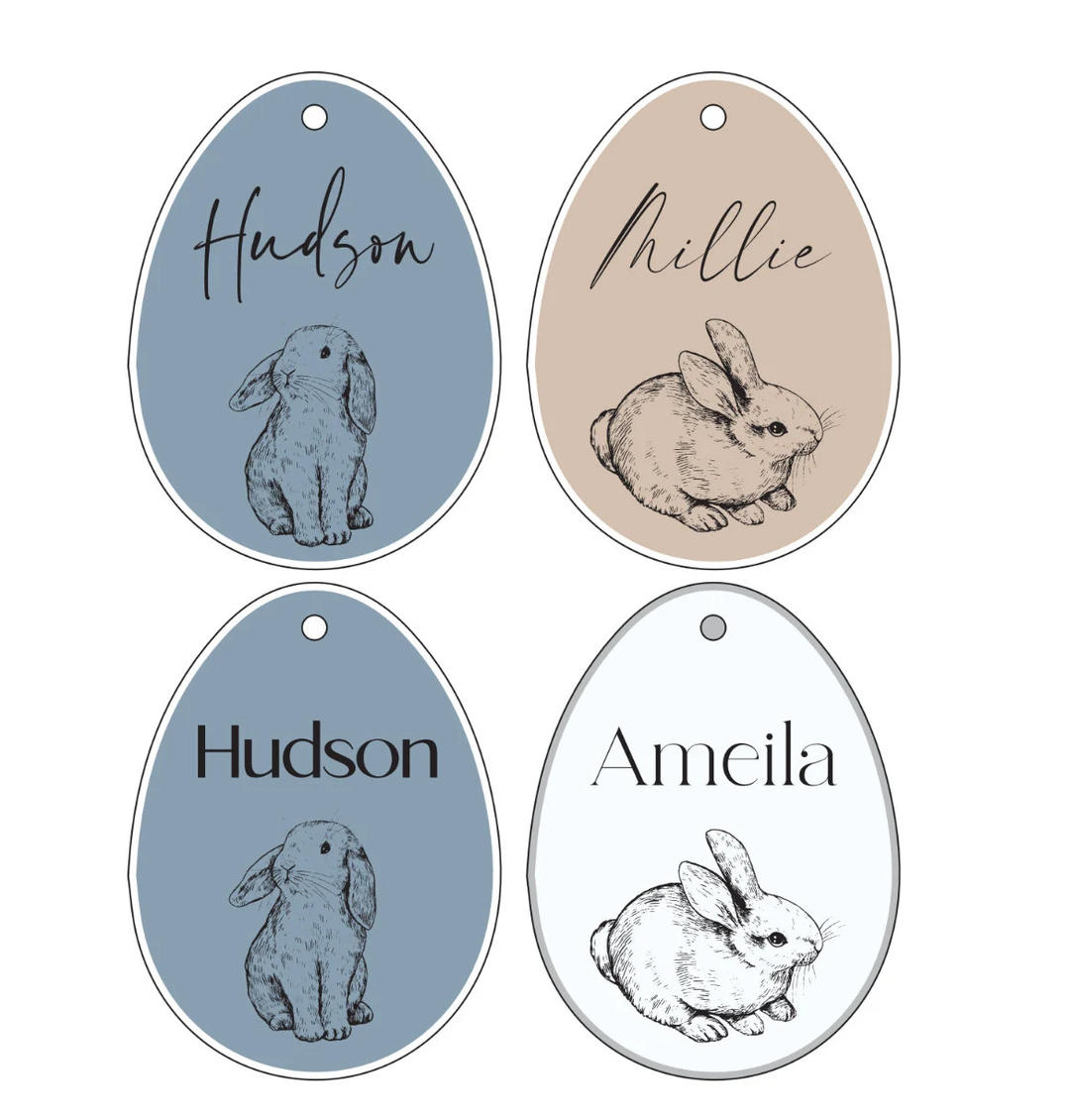 Personalized Acrylic Easter Basket Tag | Egg Shaped | Bunny Graphic | Name Tag | Hanging Tag