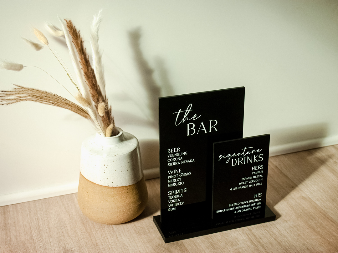 Personalized 2-Layer Black Acrylic Bar Sign | Wedding | Modern and Sleek | His and Hers Drinks | Cocktail Sign