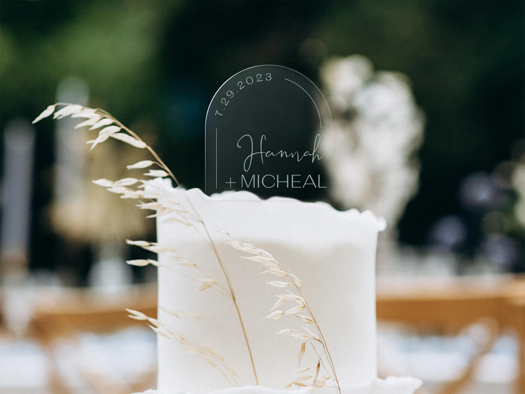 Personalized Acrylic Wedding Cake Topper | Clear Arch | 4 1/2”H x 4”W - 5 1/2"H w/ Cake Picks | Modern | Serif, Sans-serif with Script