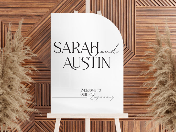 Half Arch "Welcome to Our Beginning" Welcome Sign | White Acrylic